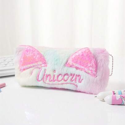 1pc Fashion Tie-Dye Pencil Case With Cat Ears, Sequin Stationery Bag, Plush Letter Zipper Pencil Pouch, Minimalist Storage Bag