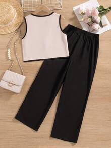 Set de 2 piezas: Blusa sin mangas de unicolor con cuello en V y decoración de lazo 3D y botones, pantalones rectos, para primavera/verano para niñas - Albaricoque - Ver 3