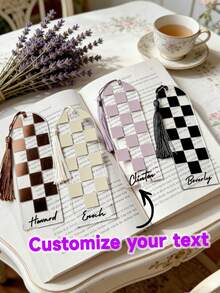 1pc Customized Neutral Checkered Bookmark, Checkered Bookmark, Dark Academia Bookmark, Neutral Aesthetic, Checkered Aesthetic,Customized Plaid Acrylic Bookmark, Handmade Gift For Book Lovers - Multicolor - View 2