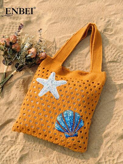  ENBEI 2026 Lightweight Casual Women's Minimalist Large Capacity Hollow Knitted Tote Bag, Crochet Bag, Beach Bag, Travel Essential, Oversized Handbag, White Shoulder Bag, Women's Bag, Large Capacity Tote, Travel Backpack, Travel Essential, Perfect For Spring Outfits, Valentine's Day/Mother's Day Gift