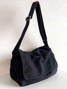 Vintage Minimalist Versatile Flap Shoulder Bag, Thick Washed Canvas Bag, Casual Versatile Large Capacity American Messenger Bag, College Style Japanese University Student Schoolbag, Short Trip Travel Bag, Simple Street Cloth Bag, Black Crossbody Bag , Old Money - 黑色 - 查看 1