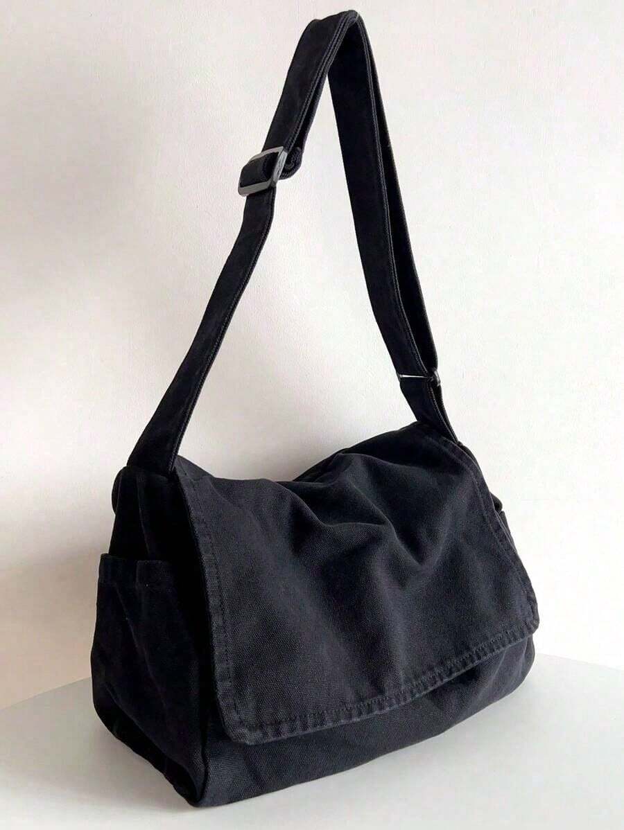 Vintage Minimalist Versatile Flap Shoulder Bag, Thick Washed Canvas Bag, Casual Versatile Large Capacity American Messenger Bag, College Style Japanese University Student Schoolbag, Short Trip Travel Bag, Simple Street Cloth Bag, Black Crossbody Bag , Old Money - 黑色 - 查看 1