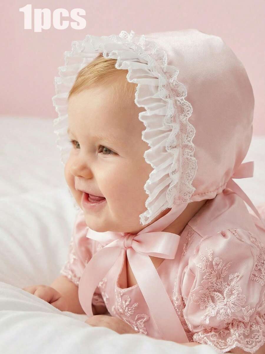 1pc Royal Style Pink Shiny Fabric Baby Bonnet, 0-3M 3-6M Months, Pink Satin Cotton - 1PC - View 1