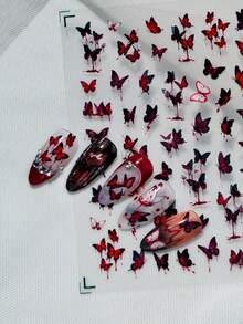1pc Gothic Style Nail Art Sticker, Featuring Red-Black Gradient Butterflies With "Blood Stain" Effect And Hollow Blood Vein Butterflies, Creating A Broken And Mysterious Aesthetic, Suitable For Personalized And Niche Dark Style Manicure - Multicolor - View 8