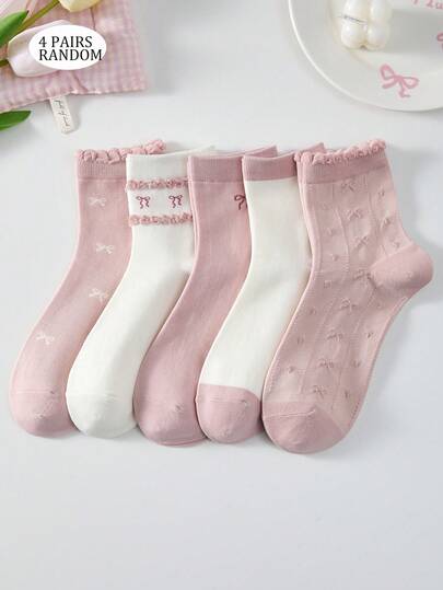 4 Pairs Soft & Comfortable Lace Ruffle Floral Bow Decor Ballet Style Mid-Calf Socks, Random Colors, Suitable For All Seasons