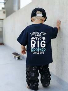 Young Boy Casual Graphic Print Crew Neck Short Sleeve T-Shirt, Summer Top - Navy Blue - View 1