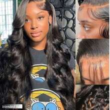 10-36英寸真人混纺假发，波浪卷发，蕾丝前假发，180%密度，13x4预拔毛高清前蕾丝假发，自然发际线带婴儿发，无需胶水，女士款，自然黑 - 自然色&黑色系 - 查看 5