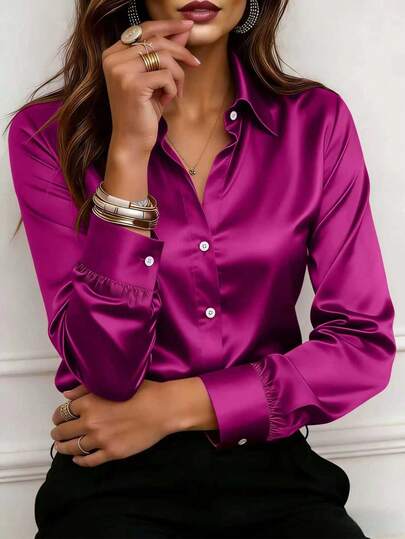 Women's Elegant Purple Satin Shirt Collar Blouse Long Regular Sleeves Button Details Regular Length Top Spring