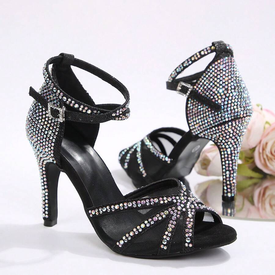 Women's Black Crystal High Heel Sandals, Mesh Ankle Strap High Heels, Luxury Crystal Decor Mesh Sandals, Women's Black Dance High Heels, Glamorous Sparkling Party Shoes / Pearlescent Sequins / Luxurious And Elegant - Black - View 1