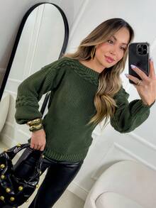 Women's Knit Blouse With Inverted Braid, Long Puff Sleeves, Ribbed Cuffs, Fashion Knitwear For Winter - Verde Olive - View 6