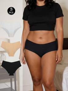 3条装女士无缝内裤，高弹舒适三角裤，高腰休闲纯棉内裤 - 彩色 - 查看 1