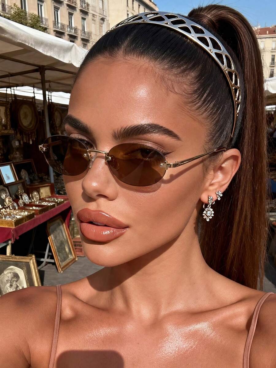 1副复古棕色椭圆形金属框男女通用眼镜，时尚休闲，通勤、海滩、街头风格个性化眼镜 - 金茶 - 查看 1