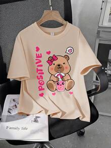 Capybara And Guinea Pig Print T-Shirt For Teen Girls, Casual Loose Fit Short Sleeve Tee, Round Neck, Perfect Summer Gift, Suitable For School And Outings, St. Patrick''s Day - Apricot - View 1