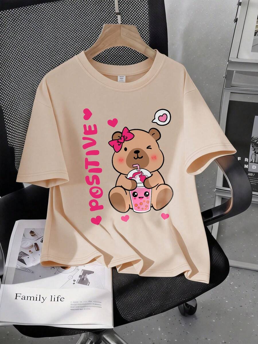 Capybara And Guinea Pig Print T-Shirt For Teen Girls, Casual Loose Fit Short Sleeve Tee, Round Neck, Perfect Summer Gift, Suitable For School And Outings, St. Patrick''s Day - Apricot - View 1