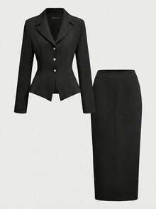 2pcs/Set Elegant Business Formal Suit Blazer + Slit Hem Skirt Outfit Black - Black - View 5