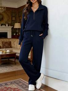 Casly Lamiit Women's 2 Piece Outfits St. Patrick's Day Green Lounge Set 2025 Oversized Chic Half Zip Sweatshirt Wide Leg Sweatpant Set Sweatsuit Tracksuit Going Out Outfits - Màu xanh hải quân - Xem 5