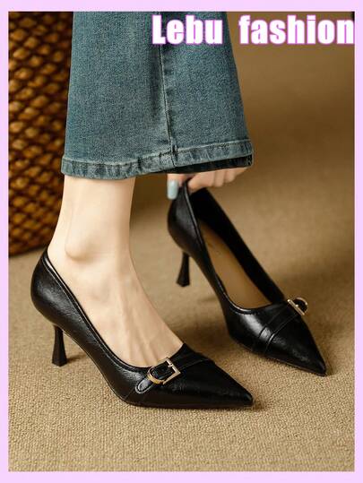 Qiluyuan 女士时尚细高跟一脚蹬高跟鞋，春秋新款法式优雅皮带扣装饰性感尖头舒适时尚女士高跟鞋，适合工作、休闲、度假、约会、派对等场合。