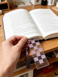 1pc Customized Neutral Checkered Bookmark, Checkered Bookmark, Dark Academia Bookmark, Neutral Aesthetic, Checkered Aesthetic,Customized Plaid Acrylic Bookmark, Handmade Gift For Book Lovers - Multicolor - View 3