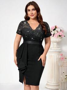 Plus V Neck Sequin Lace Bodice Contrast Ruffle Split Thigh Hem Evening Party Bodycon Dress, Work Business Dress, Semi Formal Wedding Guest Dress, For Birthday, Graduation And Date Night - 黑色 - 查看 4