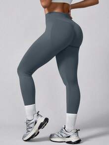 1 pieza Pantalones deportivos elásticos sin costuras de cintura alta de unicolor acanalado para mujer, primavera - Gris Oscuro - Ver 9