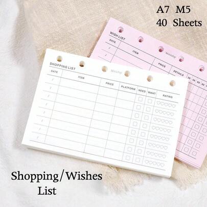 40 Sheets A6/A7/ M5 Planner List Loose-Leaf Replacement Inner Pages, For Planner, Rating, Detail, Degree, Shopping List, Wish List, Home & Office Organization
