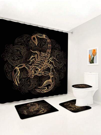 1/4 Piece Luxury Gothic Style Black & Gold Scorpion Pattern Printed Waterproof Shower Curtain, Bathroom Decor Set Includes Non-Slip Bath Mat, U-Shaped Toilet Lid Cover, 12 Hooks, Modern Home Bathroom Accessories, Suitable For Hotel, Apartment, Gift