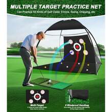 Golf Net 10x7FT Golf Practice Net with Tri-Turf Mat for Outdoor Indoor All-in-One Golf Hitting Aid Nets for Backyard Training Driving Chipping Swing Gifts for Men/Him/Dad/Golfer - Negro - Ver 3