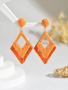 1 Pair Versatile Boho Style Handmade Woven Raffia Double-Layer Geometric Rhombus Earrings, Creative Exaggerated Colorful Raffia Geometric Earrings Suitable For Women's Daily, Vacation, Party Wear (Handwoven Technique Random, Handmade May Have Slight Glue Residue) - Orange - View 3