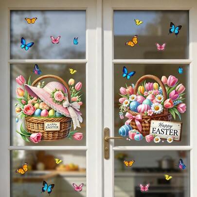 1/4 stuks Paaseimandje en Tulpen Raamstickers, Herbruikbare Dubbelzijdige PVC Raamstickers, Geschikt voor Winkelramen, Keuken, Slaapkamer en Huisdecoratie.