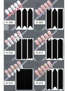 6pcs Hollow French Manicure Stickers, Airbrush Painting Stencil Auxiliary Tools, French Manicure Stickers With Asymmetrical Line Patterns, Nail Art Decorations - Black - View 10