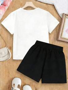 Disney Girl T-Shirt And Shorts Set, Featuring The Cartoon Pattern Of Disney's Ariel Princess With The "67" Letters. Spring/Summer Style Girls' Two-Piece Set. The Fabric Is Soft, Comfortable And Breathable, Suitable For Daily Wear, Sports, Parties, Schools, And Makes An Excellent Gift For Children. - 白色+黑色 - 查看 3