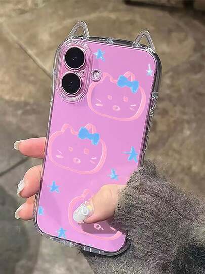 1pc Doodle Star, Line, Bowknot, Cat Ear Transparent Airbag Shockproof 1.5mm TPU Soft Case With Hanging Rope Accessory, Suitable For IPhone 17/17 Pro/17 Pro Max/ Air/16/16 Pro/16 Plus/16 Pro Max/15 Pro Max/15 Pro/15 Plus/11/12/13/14/15/16E