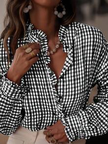 Women's Plaid Ruffle V-Neck Blouse, Button Down Long Sleeve Checkered Shirt, Fashionable And Versatile For Office And Home Wear, Suitable For Autumn, Winter And Spring - Black Plaid - View 1