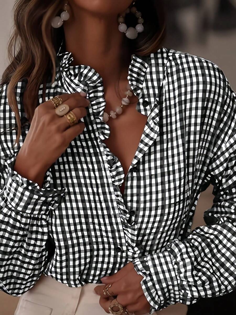 Women's Plaid Ruffle V-Neck Blouse, Button Down Long Sleeve Checkered Shirt, Fashionable And Versatile For Office And Home Wear, Suitable For Autumn, Winter And Spring - Black Plaid - View 1