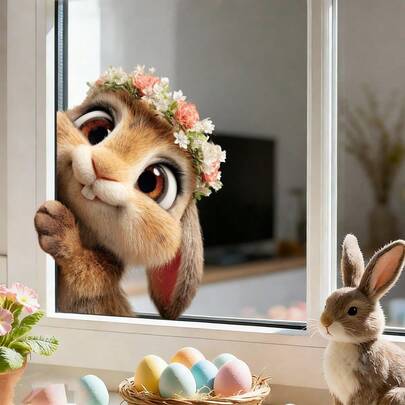 BRUP 1pc Easter Bunny Window Cling, Reusable Kids Room Decorations, Static Cling PVC Glass Decals, Suitable For Bedroom And Living Room Window Decoration, Spring Easter Theme Art Decorations