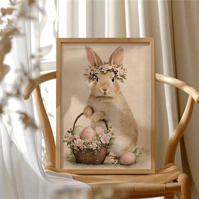 1pc Vintage Easter Bunny Wall Decor - Canvas Painting, Depicting A Rabbit Wearing A Floral Wreath And A Basket Of Colored Eggs, Made Of Waterproof Canvas For Direct Hanging. Suitable For Home, Room, Bedroom, Living Room, Bathroom Decoration And Wall Decor. Frame Optional.
