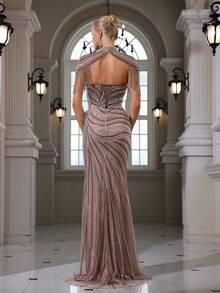 亮片刺绣流苏3D花朵优雅性感修身开衩晚礼服 / 适合婚礼、鸡尾酒会、宴会和派对 - 卡其色 - 查看 4