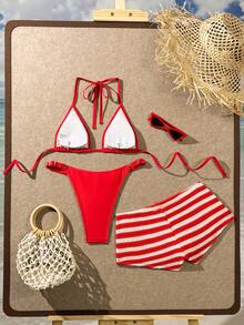 2026春夏新款女士纯色露背吊带性感比基尼上衣，侧边系带三角泳裤套装，钩针编织面料吊带泳衣，适合情人节、海滩度假等场合。 - 紅色 - 查看 5