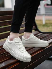 Men's Versatile Minimalist Solid Color Patchwork Low-Top Lace-Up Casual Sneakers, Fashionable Comfortable Round Toe Flat Skateboard Shoes For Teenagers - Beige - View 10