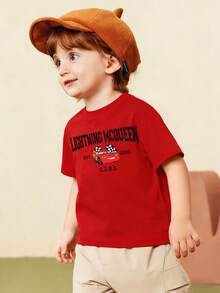 Disney Black Background Cars Lightning McQueen Print Kids' Short Sleeve T-Shirt - Playful And Cute Racing Style Top - Đỏ - Xem 1