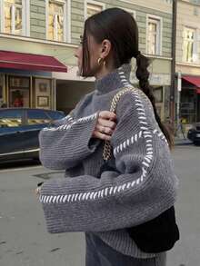 EAVA 女士极简高领毛衣，宽松版型，轻松打造街头风，手工细节，秋冬针织套头衫，情人节礼物，女士情人节礼物，情人节服装 - 灰色 - 查看 2