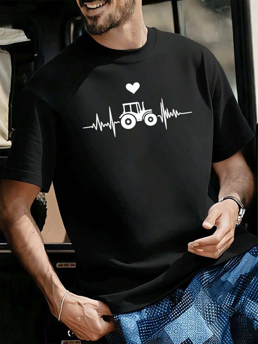 Tractor heartbeat graphic tee, quality fabric, crew neck, comfortable fit, unique graphic print - Preto - Ver 1