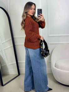 Women's Knit Blouse With Inverted Braid, Long Puff Sleeves, Ribbed Cuffs, Fashion Knitwear For Winter - Óxido - Ver 2