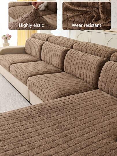1pc Elastic Thickened Warm Plush Sofa Cover, Non-Slip Full Coverage Sofa Seat Cushion, Suitable For All Seasons, Fabric Sofa Slipcover, Machine Washable, Dust-Proof, Pet-Friendly, Decorative Sofa Protector For Bedroom, Office, Living Room, Applicable To Combination Sofa And L-Shaped Sofa 1/2/3/4 Seater