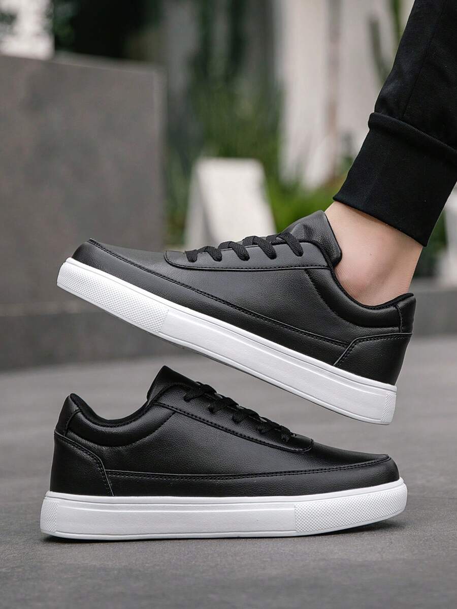 Men's Versatile Solid Color Patchwork Front Lace-Up Casual Sneakers, Fashionable Comfortable Round Toe Flat Shoes
