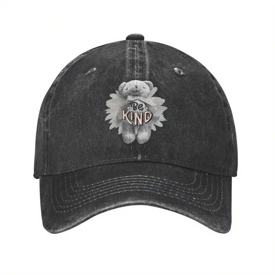 Be Kind Bear Face & Cute Bear Ears Baseball Cap - Adjustable Snapback Y2K Retro PVC Coated Sun Hat For Men & Women, Lightweight Unisex (Machine Washable) - Bear Design Outdoor Accessory For Parties, Picnics, Daily Use - Black - View 1
