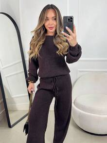 Ribbed Knit Set In Mousse Fabric: Wide-Leg Pants With Adjustable Drawstring + Puff Sleeve Blouse - Winter - Rỉ Nâu - Xem 4