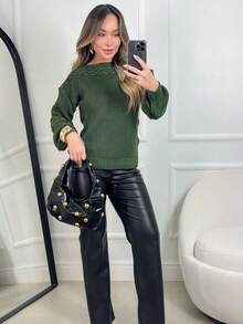 Women's Knit Blouse With Inverted Braid, Long Puff Sleeves, Ribbed Cuffs, Fashion Knitwear For Winter - Verde Olive - View 4