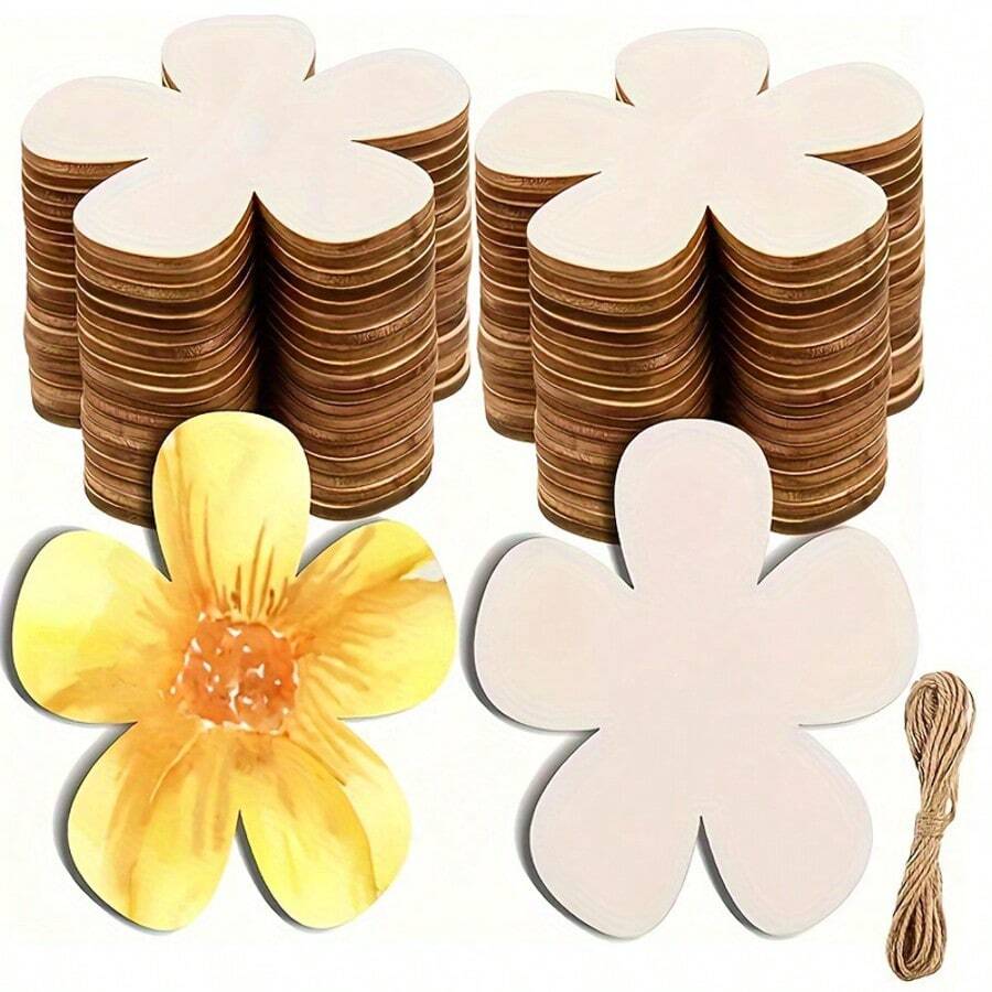 10pcs/20pcs Flower Shaped Wooden Pieces With Ropes, Blank Flower Shaped Wooden Accessories, DIY Flower Decorations, Wooden Strips For Decoration Projects - Multicolor - View 1