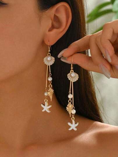 1 par de nuevos pendientes de perlas falsas con forma de concha, pendientes de estrella de mar de moda, elegantes pendientes de borla con forma de concha marina para mujeres